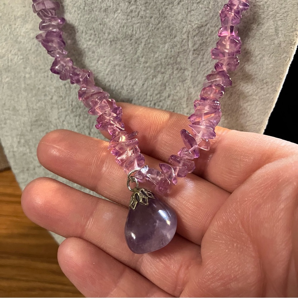 Artisan Amethyst Chip and Polished Pendant Necklace Semi Precious Gemstone